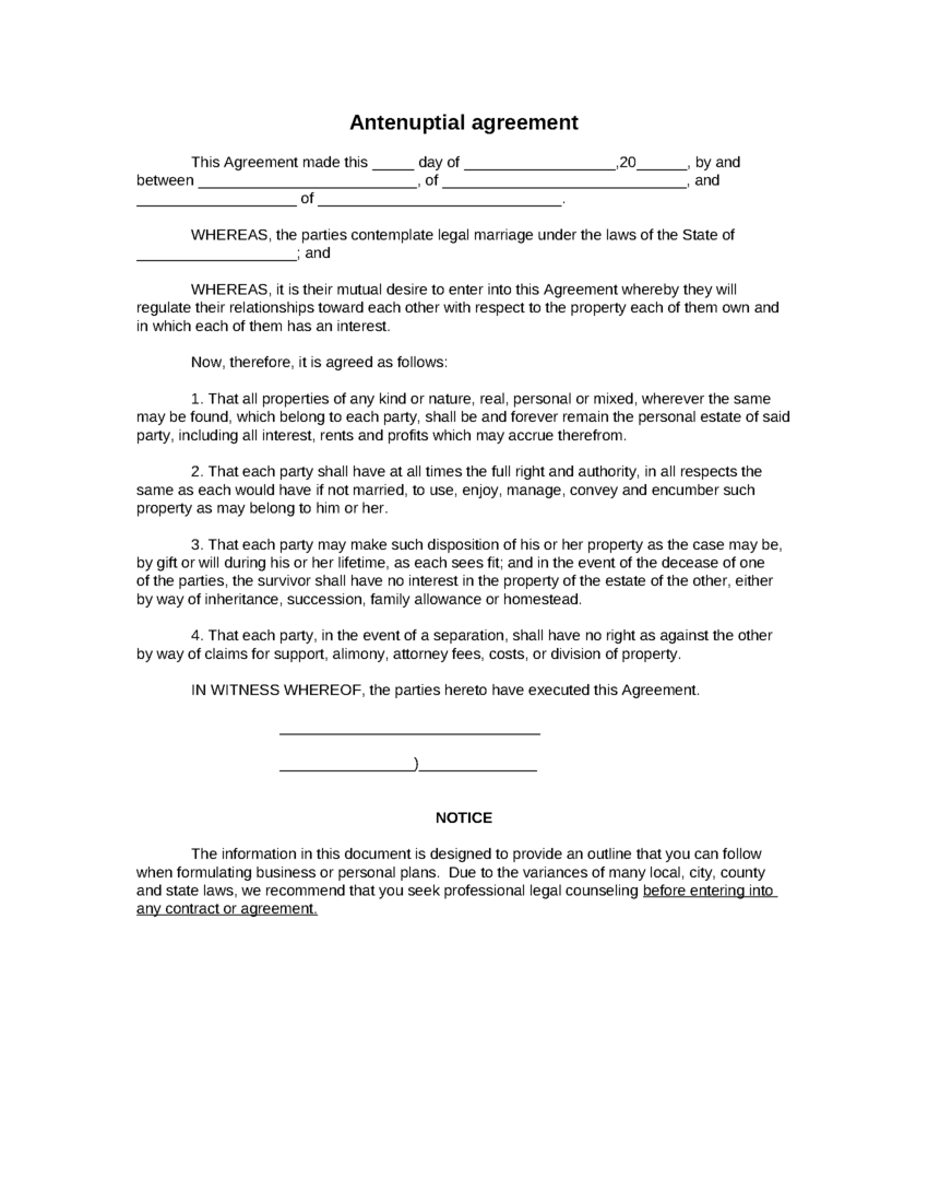Sample Antenuptial agreement form, Blank Antenuptial agreement 