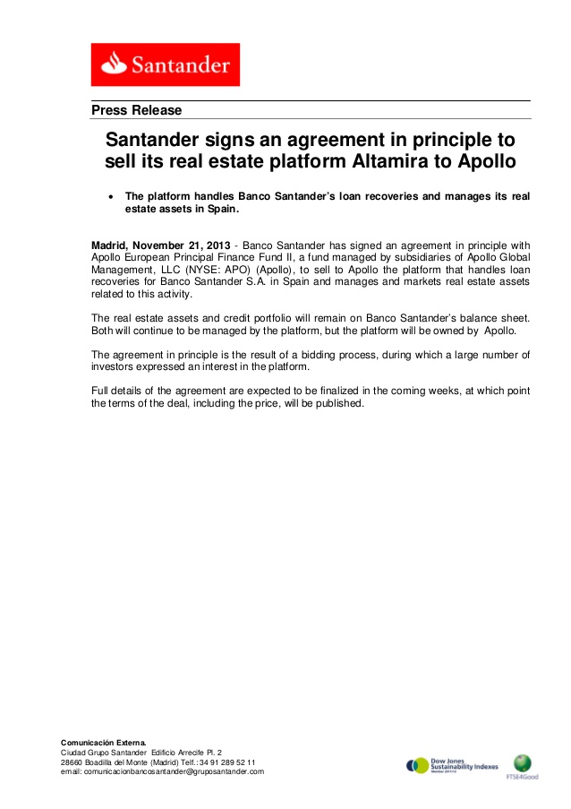 Santander signs an agreement in principle to sell its real estate pla…