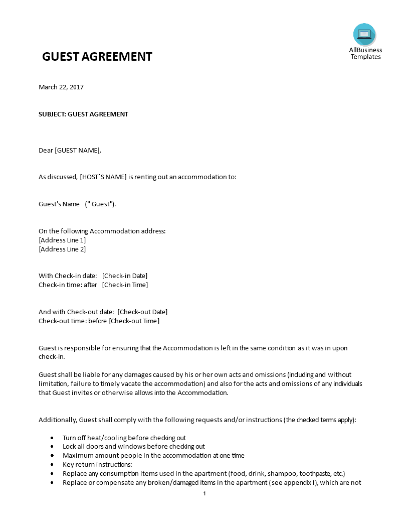 AIRBNB Guest Short Term Rental Agreement | Templates at 