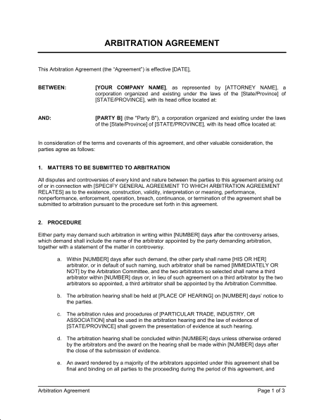 arbitration agreement template arbitration agreement template 