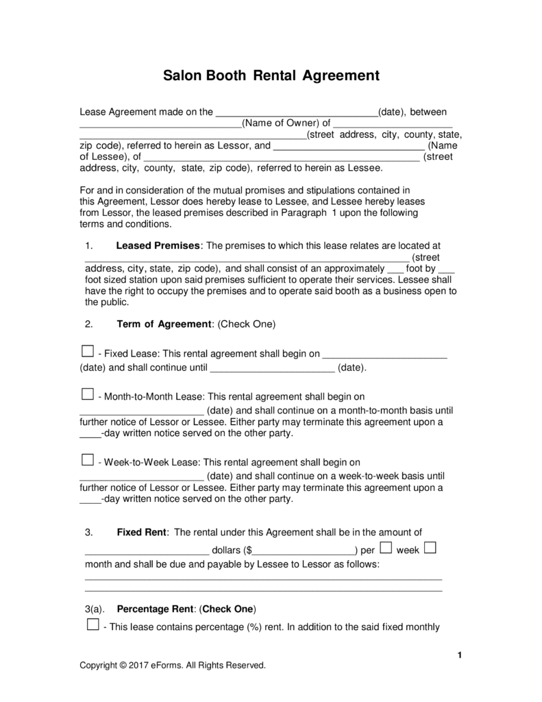 Free Booth (Salon) Rental Lease Agreement PDF | Word | eForms 