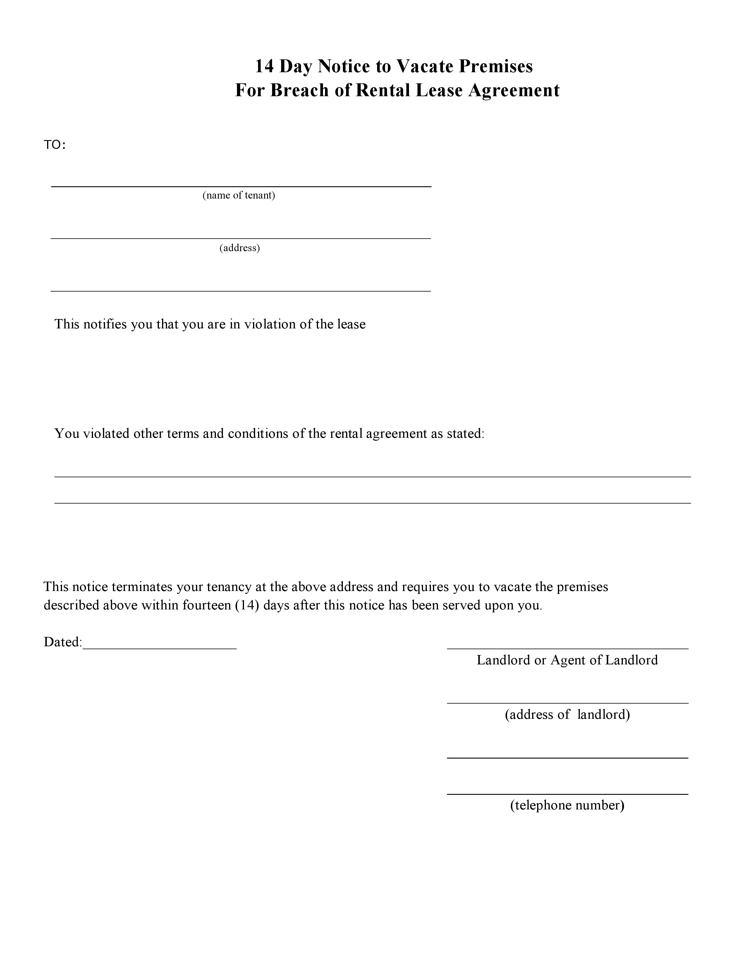 Free Blank 14 Day Eviction Notice Form For Breach Of Agreement Pdf 