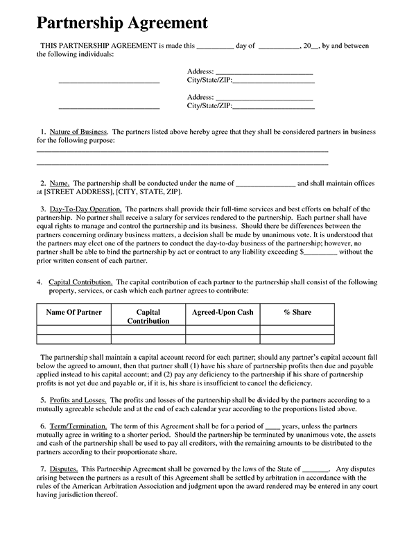 Business Partnership Agreement Form | Business form templates
