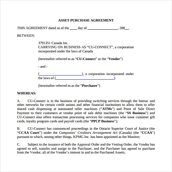 asset purchase agreement template ontario asset purchase agreement 
