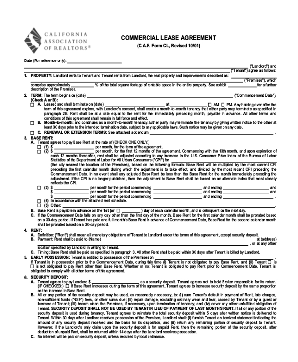 california association of realtors c.a.r lease agreement template 