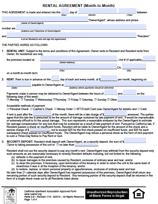 rental agreement template california free california monthly 