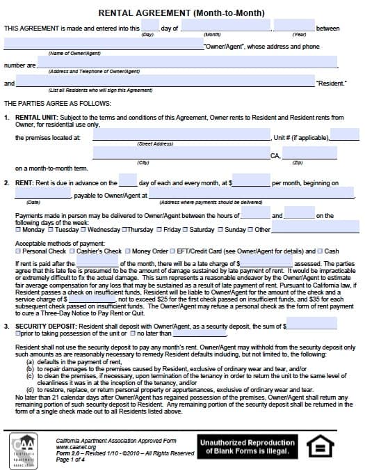 Free California Monthly Rental Agreement – PDF Template