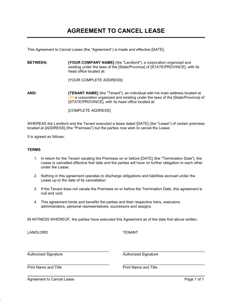 termination of lease agreement template agreement to cancel lease 