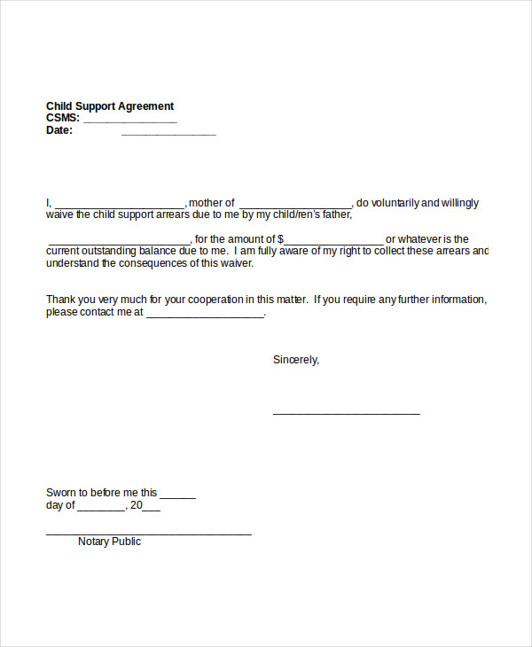 child support agreement letter template sample child support 