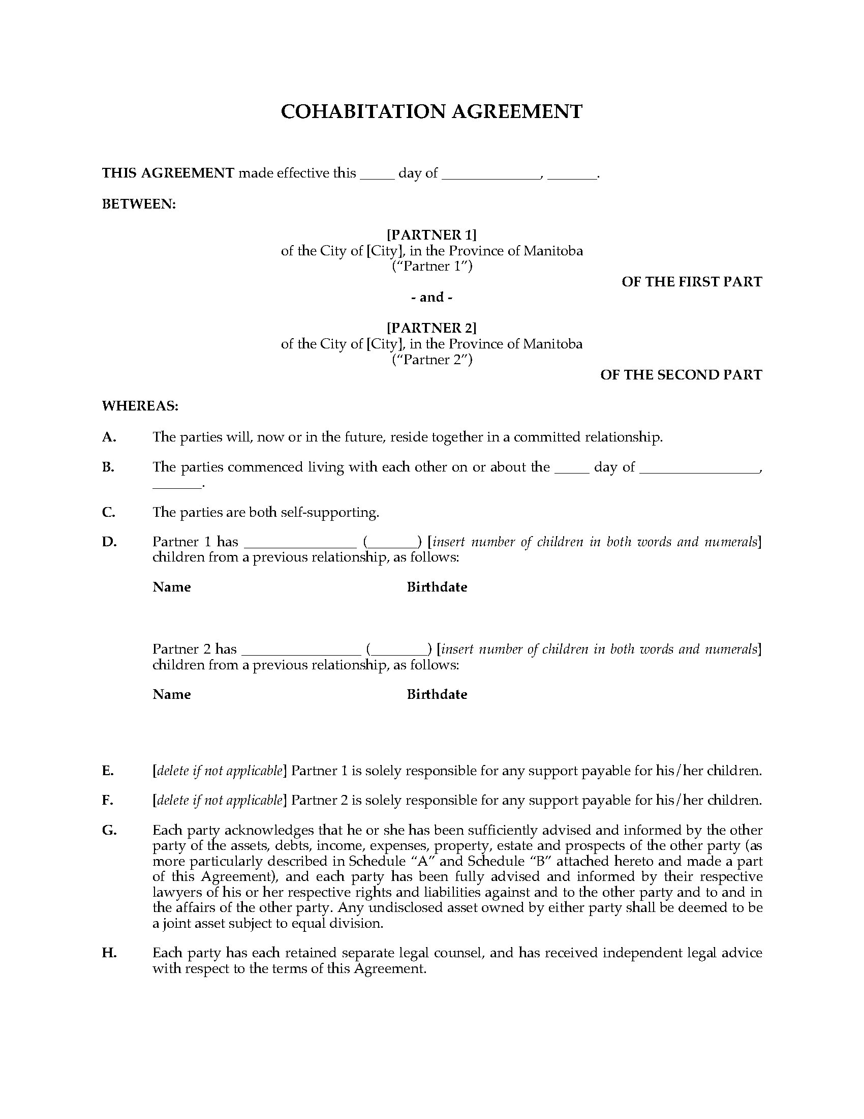 Manitoba Cohabitation Agreement | Legal Forms and Business 