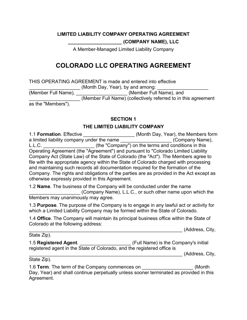 Colorado Multi Member LLC Operating Agreement Form | eForms – Free 