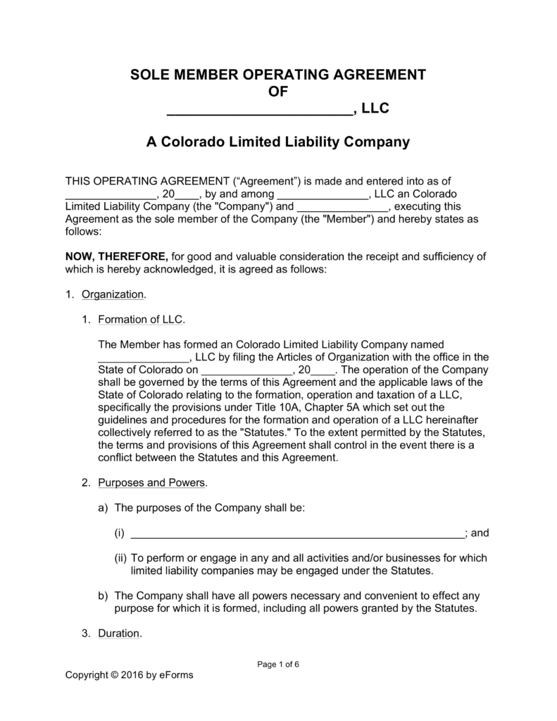 Colorado Single Member LLC Operating Agreement Form | eForms 