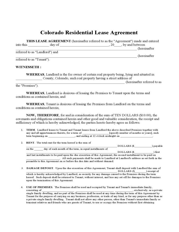 Colorado Residential Lease Agreement Free Download