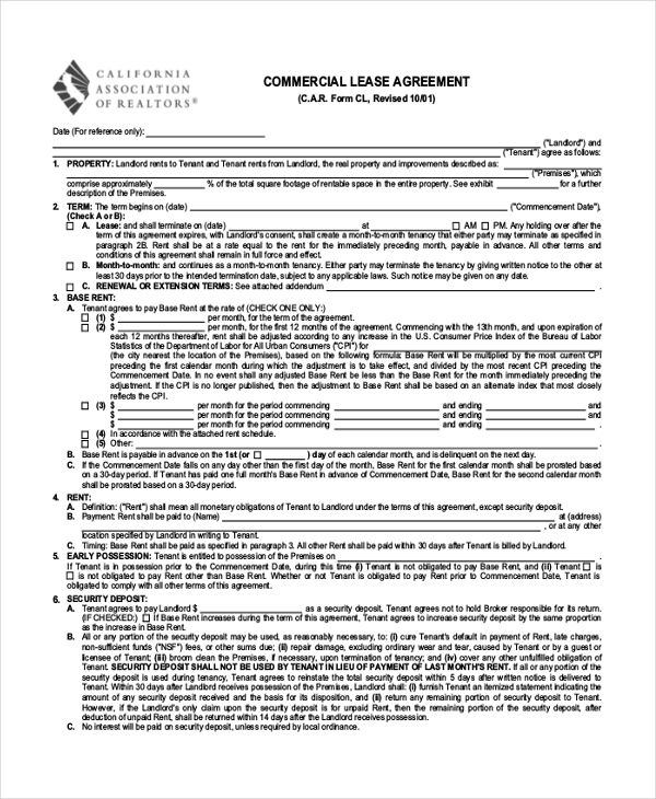 Sample Commercial Lease Agreement Form 8+ Free Documents in PDF