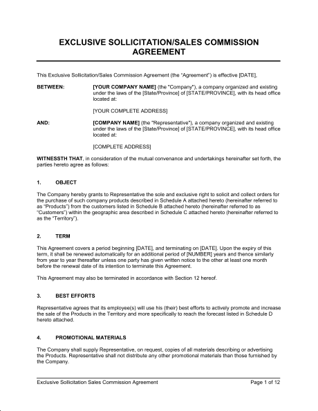 sales commission agreement template exclusive sollicitation sales 