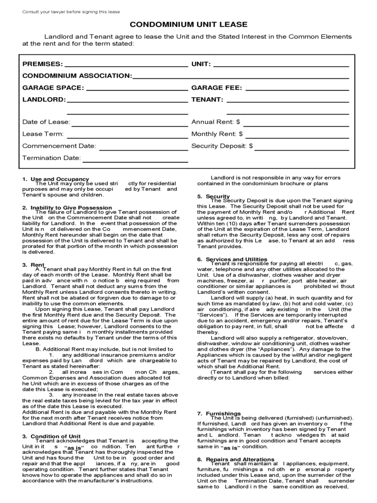 Condo Lease Agreement 10 Free Templates in PDF, Word, Excel Download