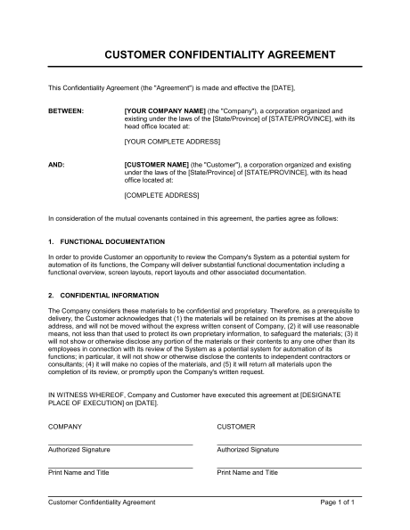 Customer Confidentiality Agreement Template & Sample Form 