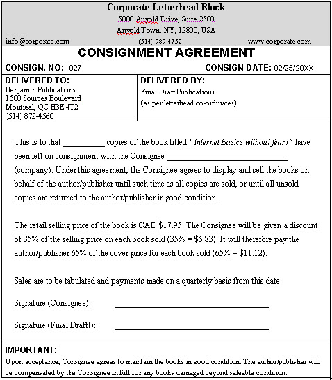 Consignment Agreement sample format for a typical consignment 