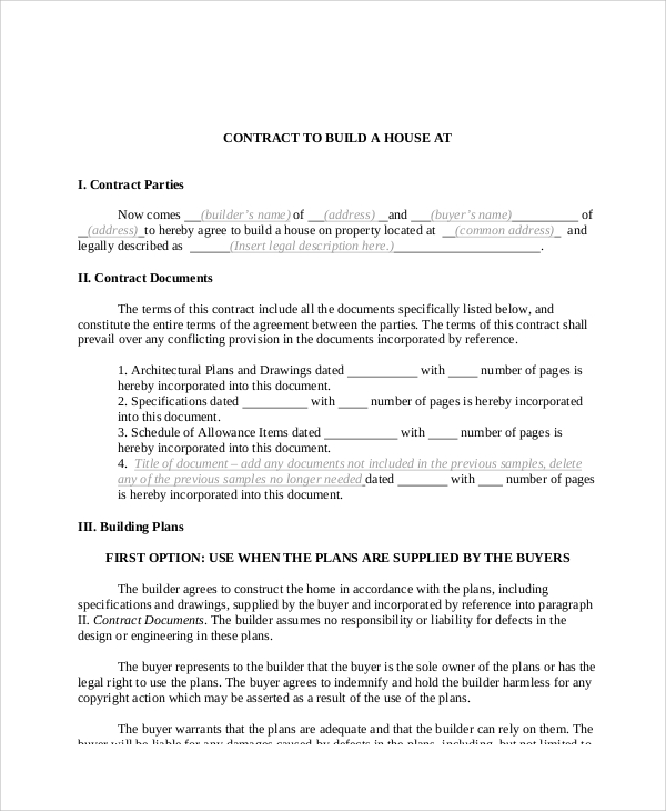 contract agreement template for construction of house construction 
