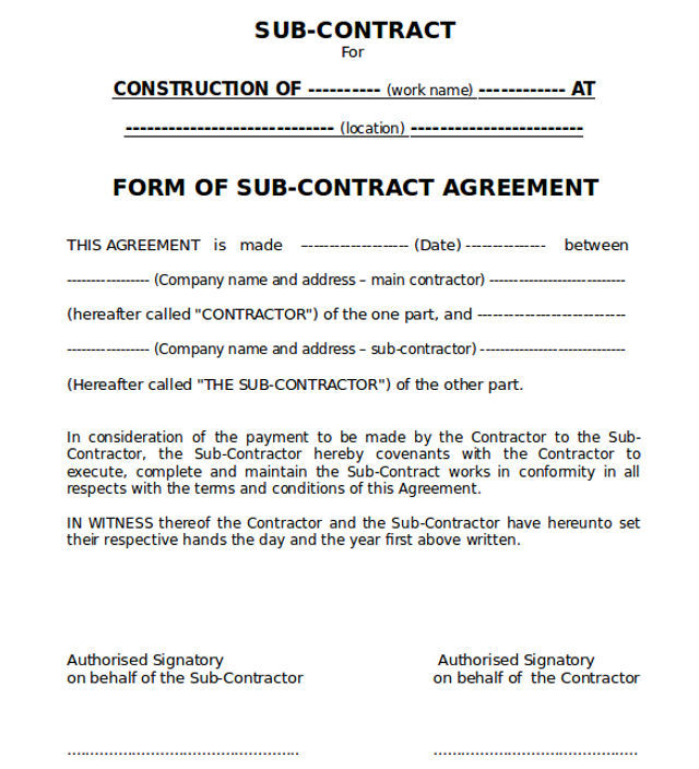 subcontractor agreement template construction construction 