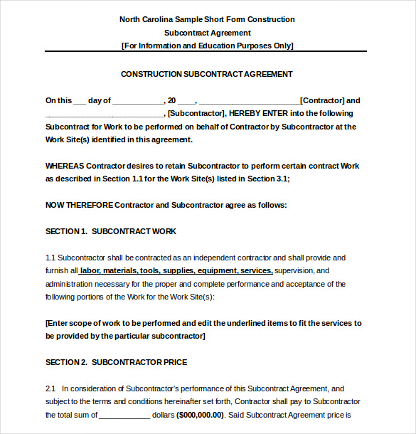 subcontractor agreement template for construction subcontractor 