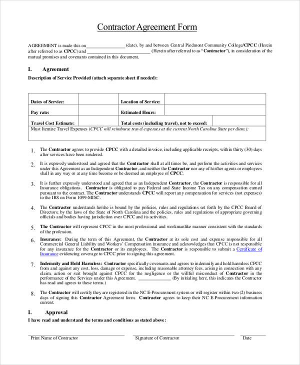 contractors agreement template sample contractor agreement form 9 