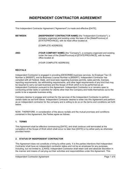 independent contractor agreement template contractor contracts 
