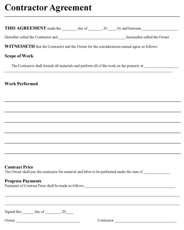 contractor agreement template free sample contracts for 