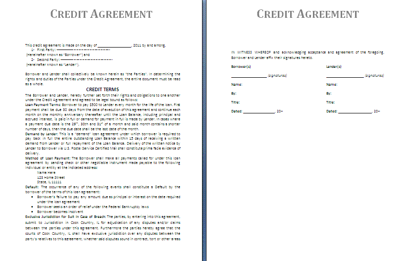 credit agreement template credit agreement template credit 