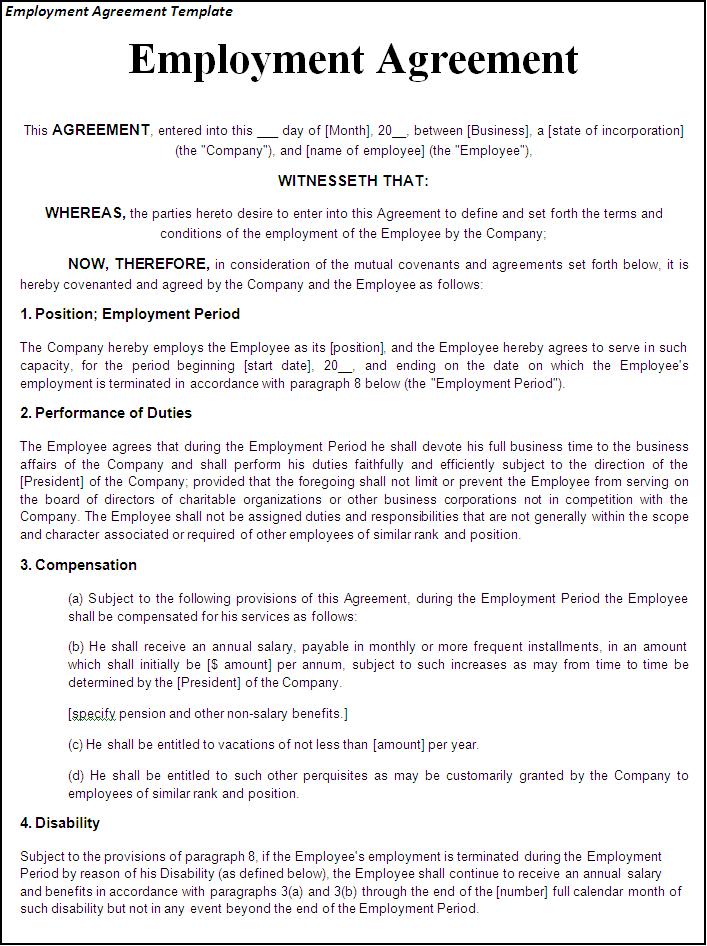 employee agreement template printable sample employment contract 