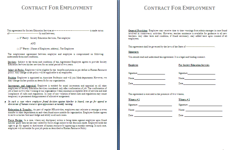 employee agreement form template work agreement template free 