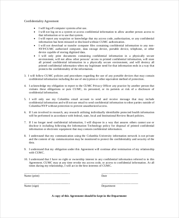 8+ Sample Employee Confidentiality Agreements | Sample Templates