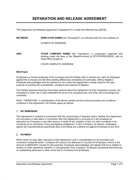 employee separation agreement template release agreement template 
