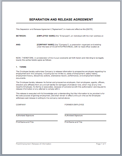 work separation agreement template separation and release 