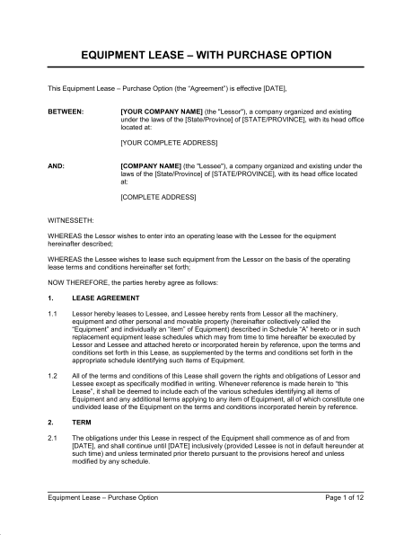 equipment purchase agreement template equipment lease agreement 