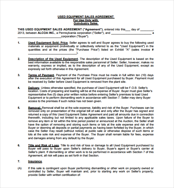 equipment purchase agreement template sample equipment purchase 