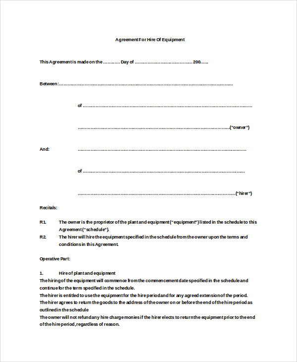 lease agreement for equipment rental template equipment lease 