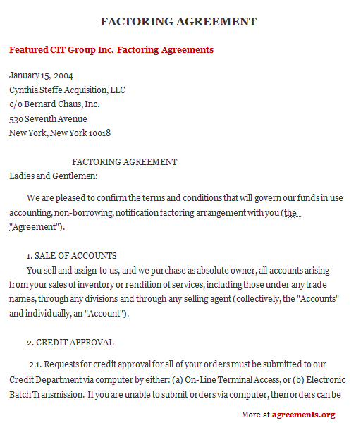 Factoring Agreement, Sample Factoring Agreement Template