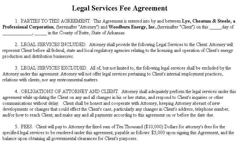 Example Document for Legal Services Fee Agreement