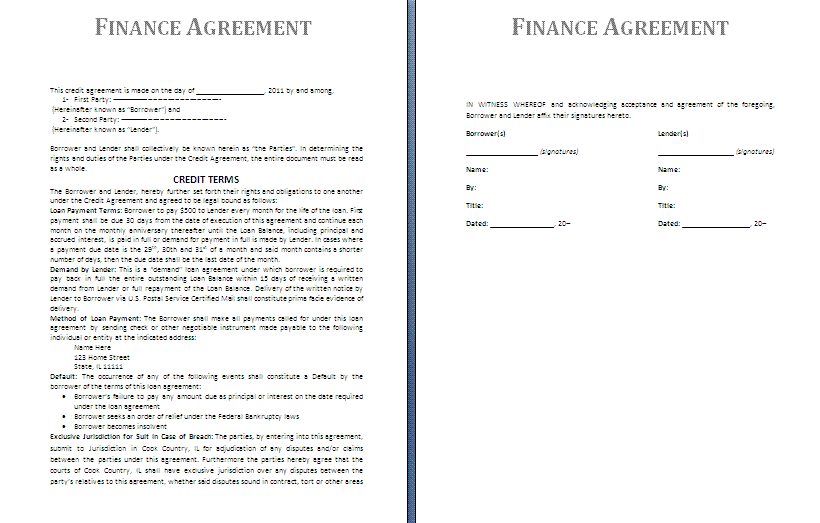 agreement template finance agreement template finance agreement 