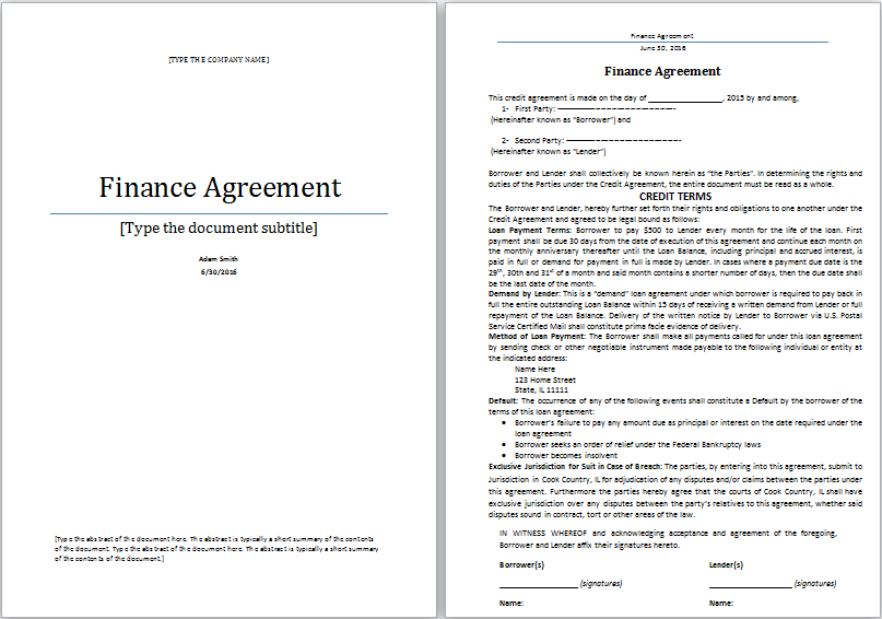 financial agreement template word financial agreement template ms 
