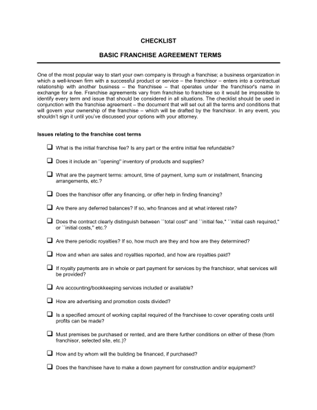 franchise purchase agreement template checklist basic franchise 