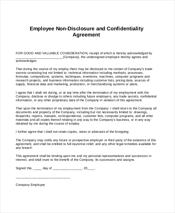 free employee non disclosure agreement template free non 