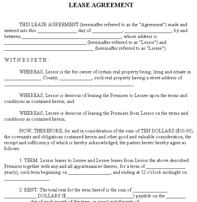 Lease Agreement Sample Rental Form