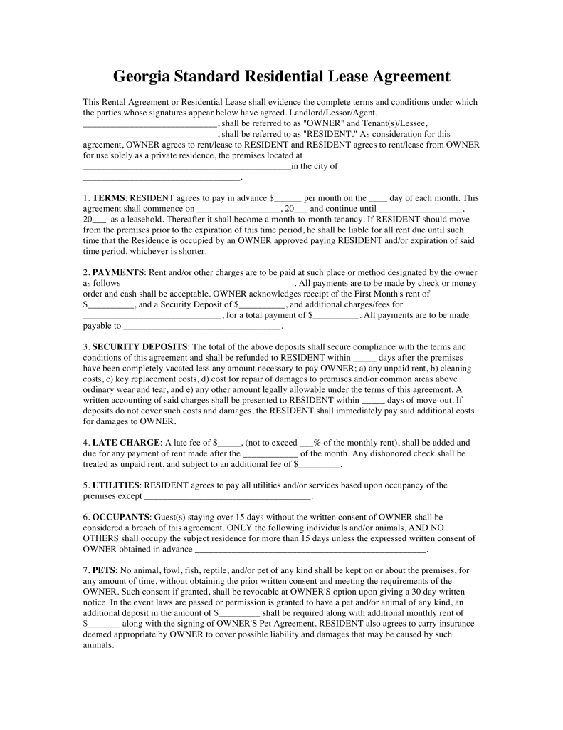 Free Georgia Standard Residential Lease Agreement Template Word 