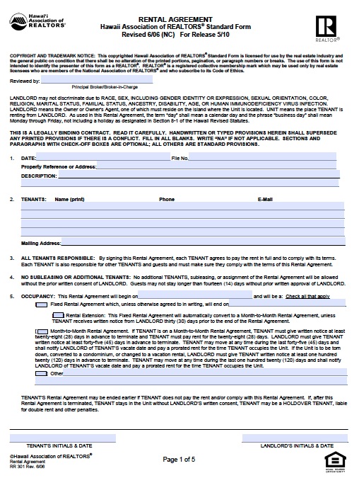 Free Hawaii Residential Lease Agreement – PDF Template