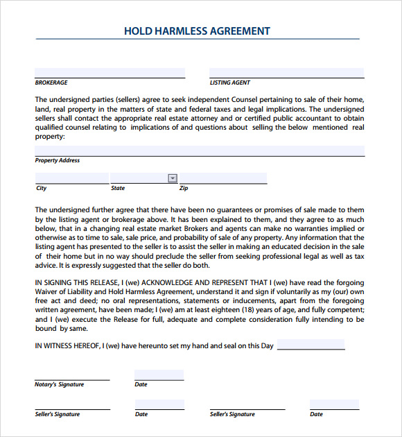 real estate hold harmless agreement template sample hold harmless 