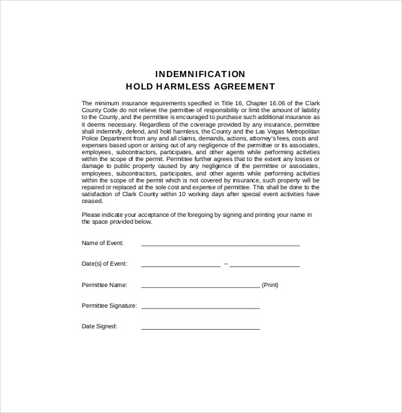 hold harmless indemnification agreement template hold harmless 