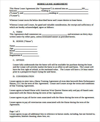 10+ Sample Horse Lease Agreements | Sample Templates
