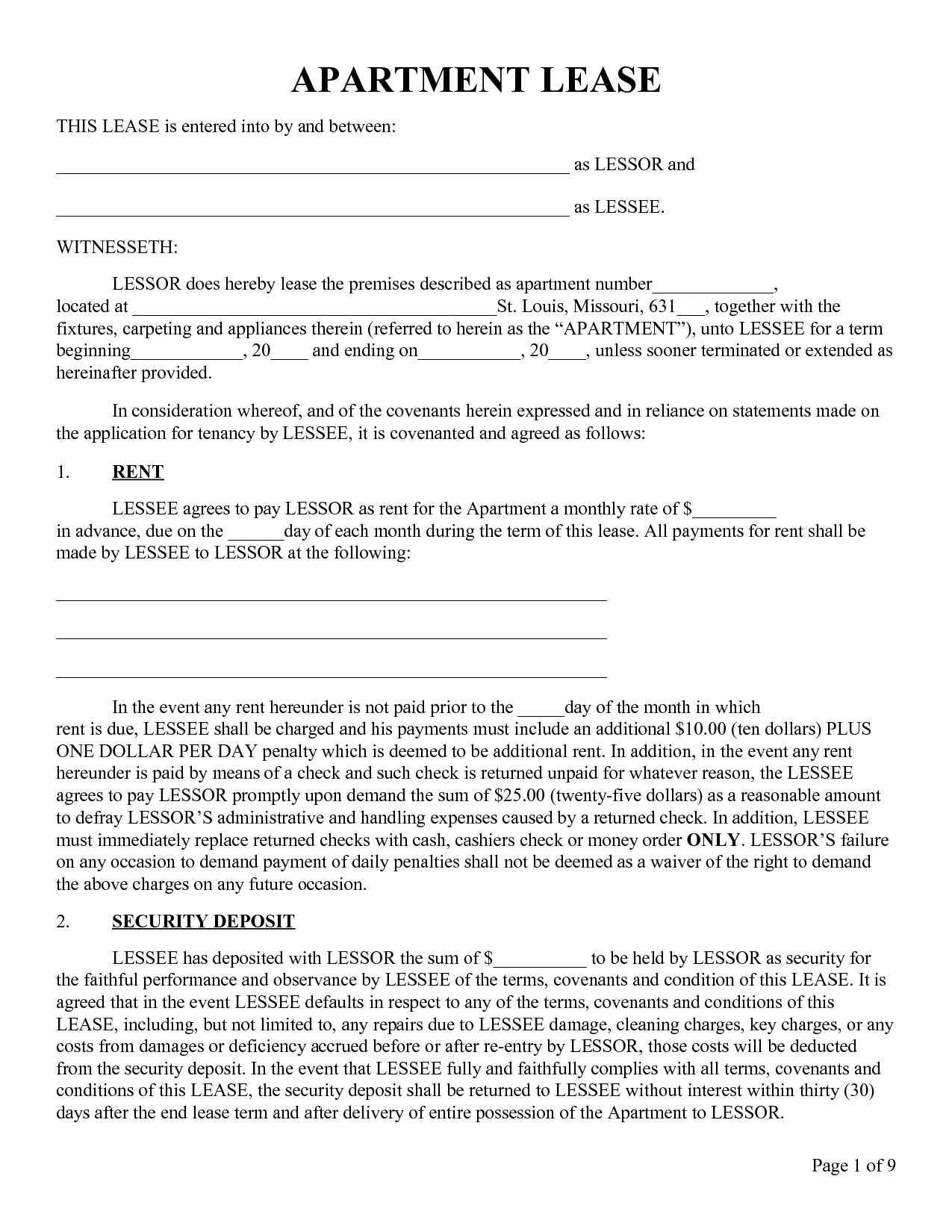 Free Download Apartment Lease Agreement Template Sample with Rent 